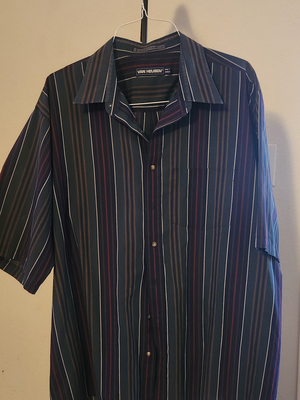 Van Heusen Men’s Black Short Sleeve Multi-Stripe Button Down Shirt